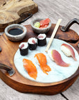 Mutsu Teak Sushi Server with Integrated Handles and 2 Marbale Pots