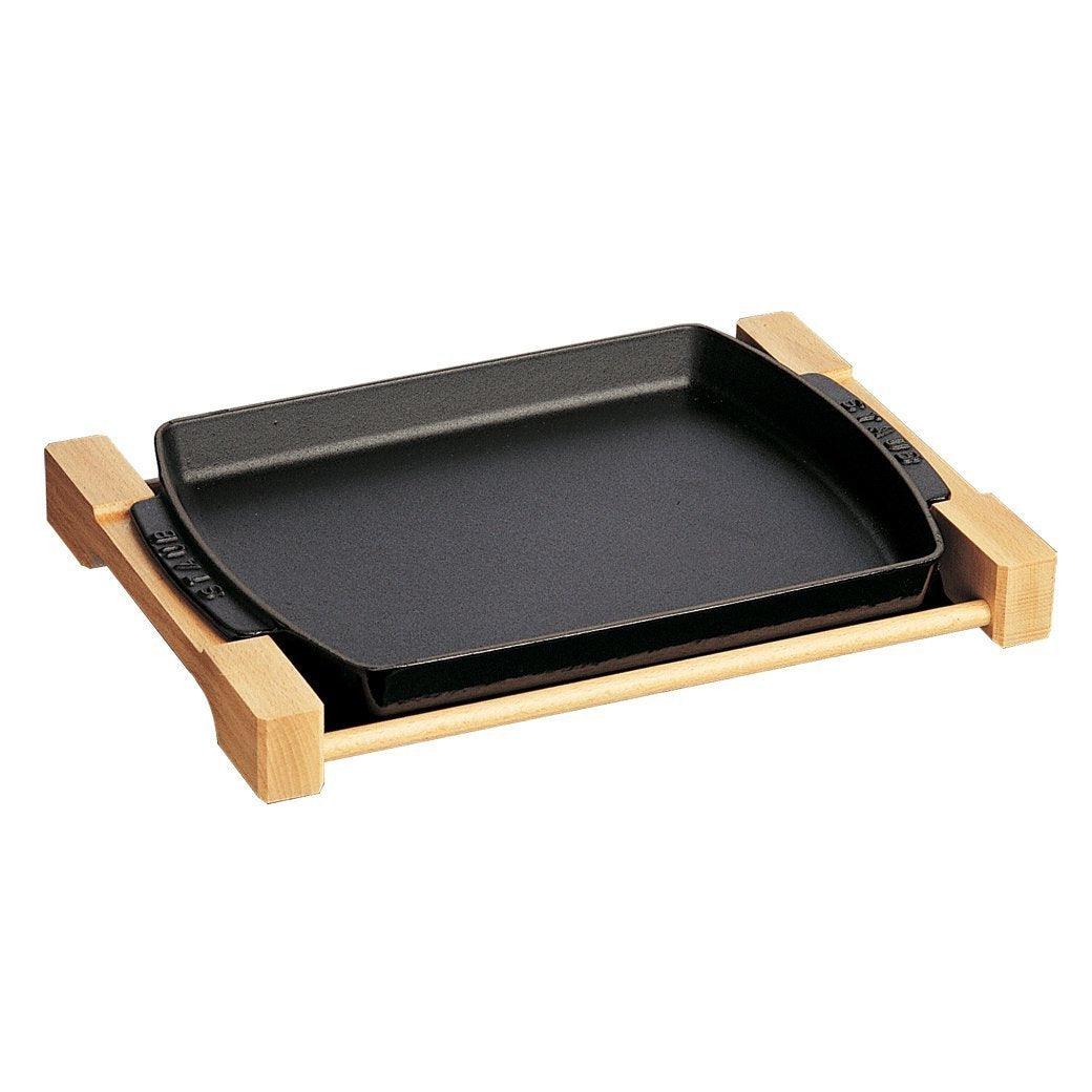 Staub Cast Iron 15″ x 9″ Rectangular Serving Dish with Wood Base - Matte Black - Discover Gourmet