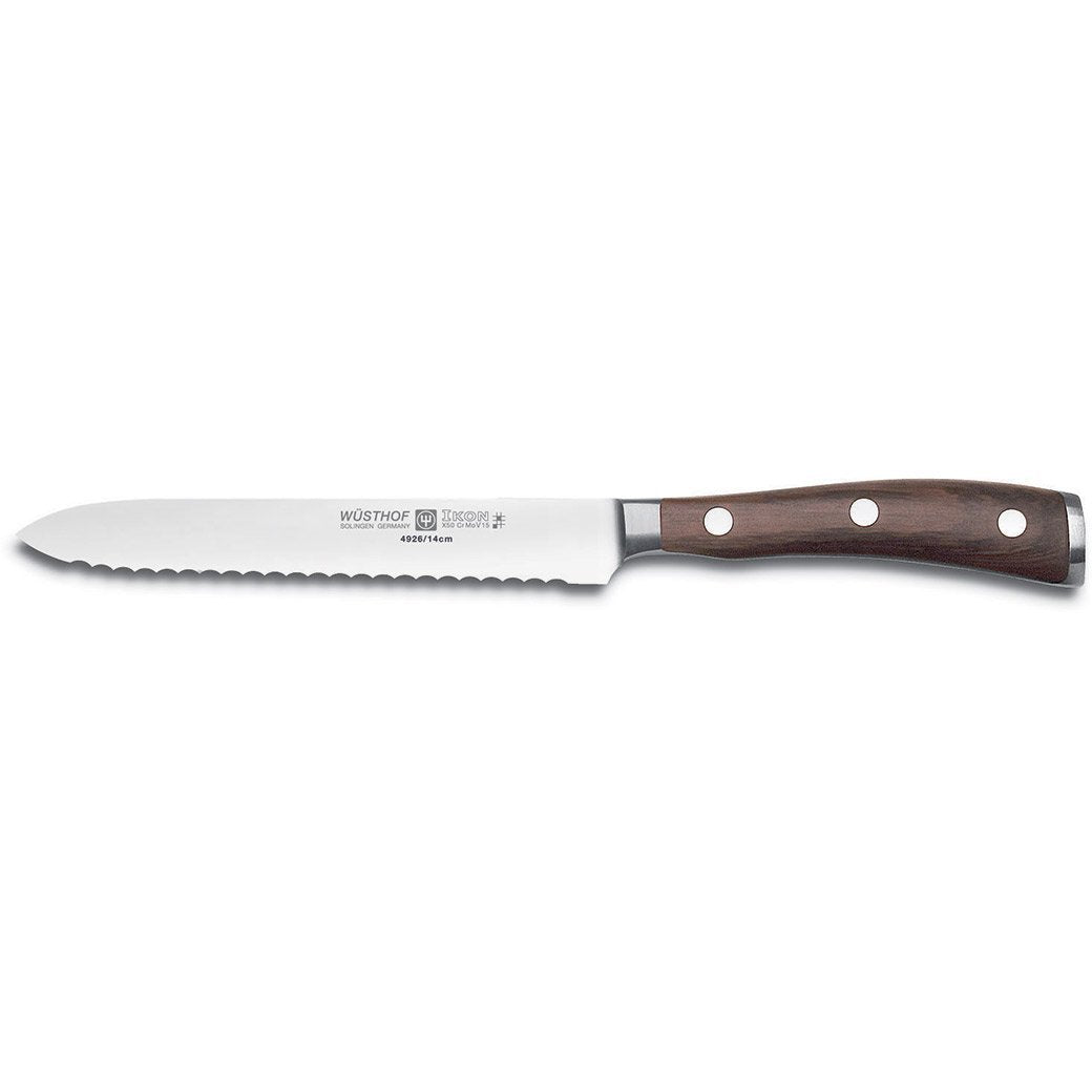 Wusthof Tomato &amp; Utility Knives Wusthof Ikon Blackwood Serrated Utility Knife - 5&quot; JL-Hufford