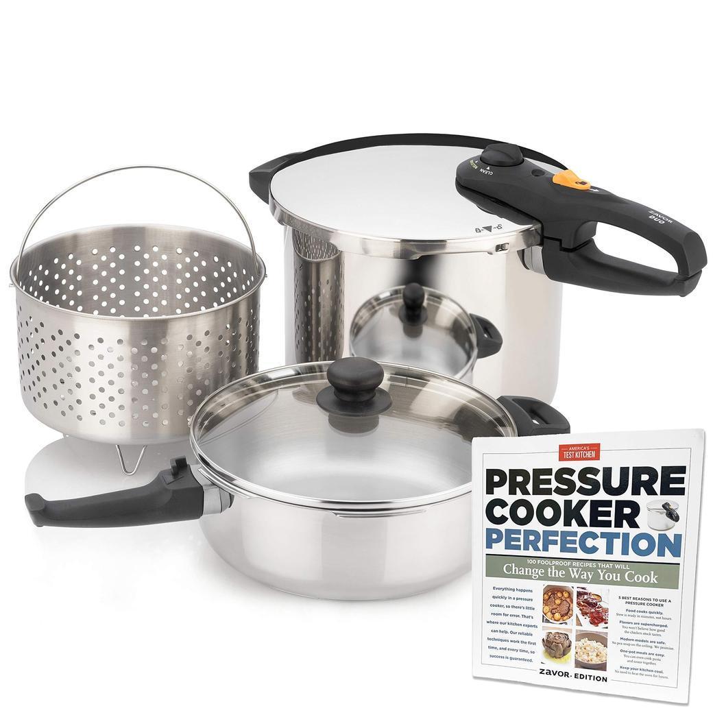 Zavor Duo 5-piece Combi Set (4 qt and 8 qt) with &#39; America&#39;s Test Kitchen&#39; Zavor edition Pressure Cooker Perfection Cookbook